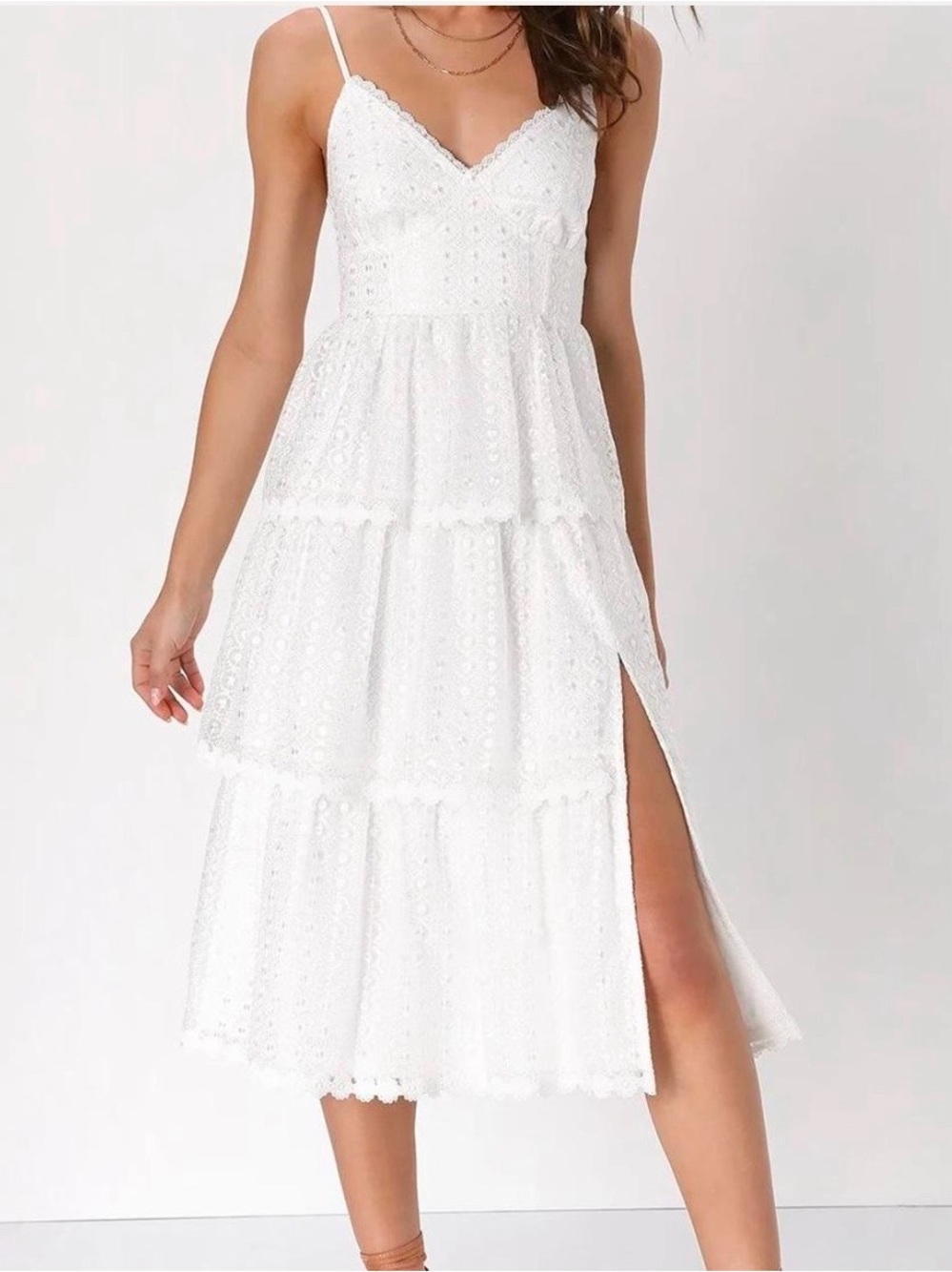 Lulu's White Eyelet Tiered Midi Dress with Side Slit